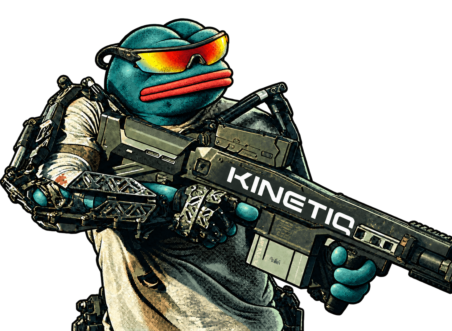 Agent K wearing mirrored sunglasses and a mechanical exoskeleton, with the Kinetiq wordmark on his science-fiction weapon.